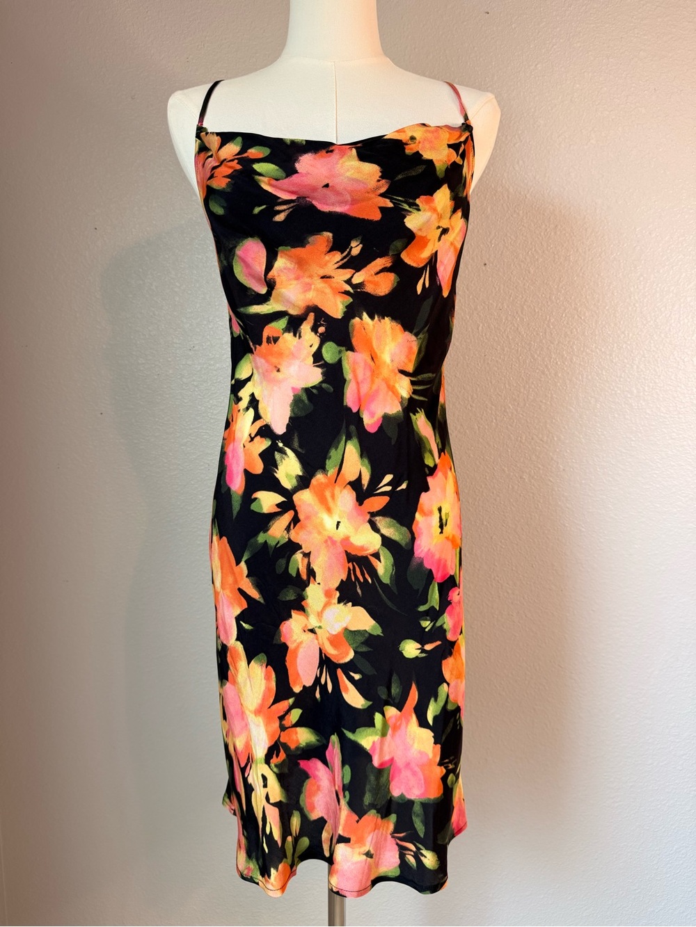 H&M Floral Cowl Neck Mini Slip Dress NWT Black Pink Coral Size S